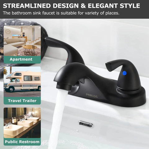 Two Handle Matte Black Bathroom Sink Faucet With Metal Drain Assembly And Supply Hose Lead Free cUPC NSF 61 Certified 4 Inch Centerset
