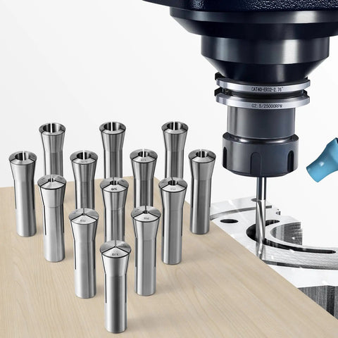R8 Collet Set 13-Piece Precision 1/8 to 7/8 Inch Pro-Grade Mill Chuck With 0.0012 in TIR, 45 Steel shown next to machine