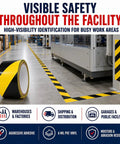 Knockout Black And Yellow Hazard Stripe Tape For Floor Marking Hella Visible Safety Warning Roll For Warehouses Workspaces And Drive Lanes With Badass Industrial Adhesion And Top Shelf Grip on warehouse floor.
