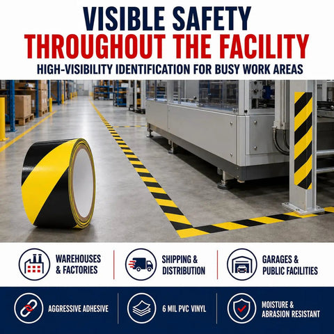 Knockout Black And Yellow Hazard Stripe Tape For Floor Marking Hella Visible Safety Warning Roll For Warehouses Workspaces And Drive Lanes With Badass Industrial Adhesion And Top Shelf Grip on warehouse floor.