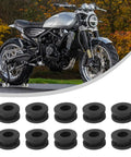 Complete Rubber Grommet Kit For Motorcycle Fairings, 10 Flexible Grommets That Fit Upper Middle Lower And Tail Cowls, Premium Rubber For A Snug Vibration Free Install On Sport Bikes And Many Models. Black rubber grommets shown with motorcycle fairing use.