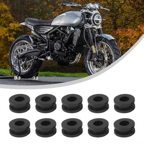 Complete Rubber Grommet Kit For Motorcycle Fairings, 10 Flexible Grommets That Fit Upper Middle Lower And Tail Cowls, Premium Rubber For A Snug Vibration Free Install On Sport Bikes And Many Models. Black rubber grommets shown with motorcycle fairing use.