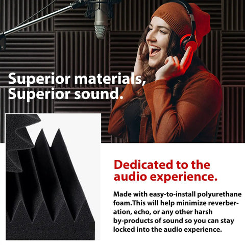 High Density Acoustic Foam Soundproofing Wedges For Walls And Studio Banish Noise Like A Pro With Fire Resistant Design Hella Effective Noise Absorbing Treatment Black 1 Inch Thick 12 Pack Sonic Sanctuary displayed with a microphone setup.