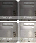 Dimmable LED Vanity Light Three Light Modern Acrylic Stainless Steel Fixture dimming levels in bathroom mirror reflection.
