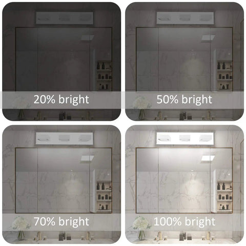 Dimmable LED Vanity Light Three Light Modern Acrylic Stainless Steel Fixture dimming levels in bathroom mirror reflection.