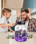 Father and son excitedly using X Large Piggy Bank For Adults And Kids With Digital Coin Counter And LCD Display 2.4L Capacity Holds 2000 Plus US Coins Great Money Counting Jar That Tallies Every Cent And Shows Total Amount In Gradient Purple on table.