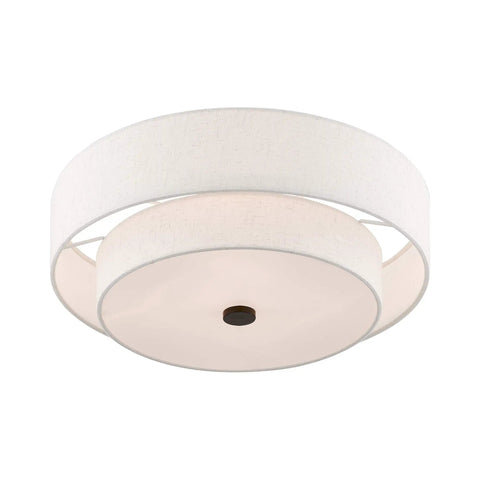 Four Light Semi Flush Mount Ceiling Fixture In English Bronze With Oatmeal Fabric Hardback Drum Shade And Satin White Diffuser