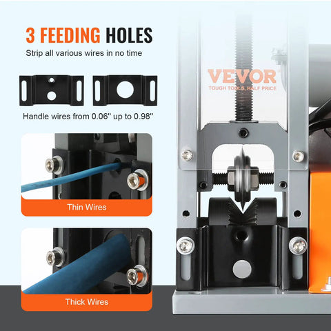 Heavy Duty Electric Wire Stripper Machine Automatic Cable Prep Tool With 180W Motor showing 3 feeding holes for various wire sizes 0.06 to 0.98 inches.