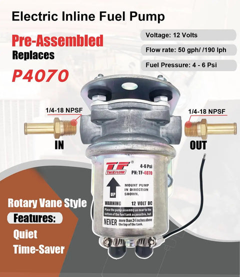 Replacement Electric Fuel Pump 12V 4-6 Psi 4-8 Rotary Vane Universal Auto Fuel Pump Plug And Play Ready shown with specs.