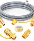 Six Foot Three Eighth Inch Inner Diameter Natural Gas Hose Replacement And Conversion Kit For Grills And Fire Pits Ideal For Weber Grills Blackstone Griddles Generators And Patio Heaters With Sealing Tape showing coiled gray hose and brass fittings
