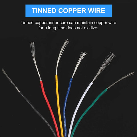 Six colored wires from 22 Gauge Stranded Hookup Wire Kit, 6 Color PVC Insulated, 26 Feet Per Roll, UL Listed, Tinned Copper, Flexible 300V Wire Set For DIY Electronics