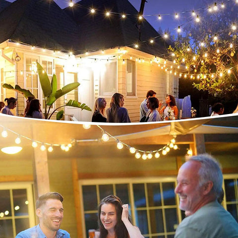 Outdoor Patio String Lights 150ft LED G40 Bulbs With 75 Plus 2 Spare illuminating a cozy backyard evening gathering.