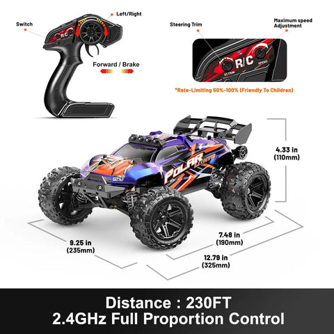Image showing All Terrain 1 To 14 Scale RC Truck with 4WD, remote control, measurements, and features in detail.