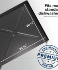 Black dishwasher drain pan with dimensions 23 5/8 x 20 1/2 inches, engineered design, fits most standard dishwashers.