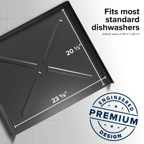 Black dishwasher drain pan with dimensions 23 5/8 x 20 1/2 inches, engineered design, fits most standard dishwashers.