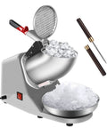 Heavy Duty Electric Ice Shaver And Snow Cone Maker Machine With Killer Blade Adjustments and Solid Ice Pick, featuring stainless steel bowl and ice pick.