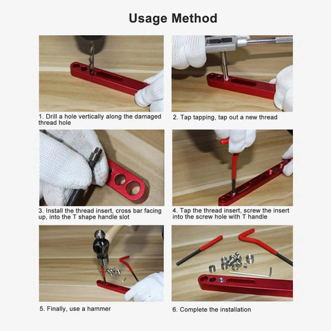 Step-by-step use of Heavy Duty Thread Repair Kit With Metric And Imperial Self-Tapping Inserts shown on a metal component.