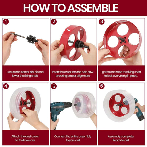 Nexigins 6in/4in bi-metal hole saw kit with dust bowl for recessed lights; six-step assembly diagram