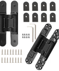 Hidden Door Hinges 2-Pack 7 Inch Black Heavy Duty Concealed Zinc Alloy Invisible Hinges With 180 Degree Swing 3-Way Adjustable Butt Hinge For Flush Doors Built Tough Easy Install Smooth Quiet Operation laid out with screws and tools