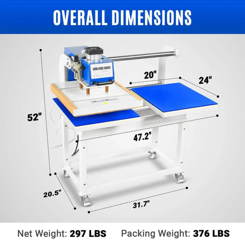 20x24 Inch Dual Platen Heat Press With Auto Lift For Bulk Sublimation Transfers dimensions diagram