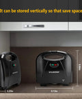 Aigostar Flat Sandwich Maker With Nonstick Deep Grill Surface, Black stored vertically in a kitchen cabinet for space-saving.