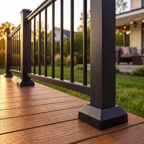 Rock Solid 8 Pack 2X2 Aluminum Square Post Base Flanges With Powder Coated Black Covers, close view of deck railing mounts