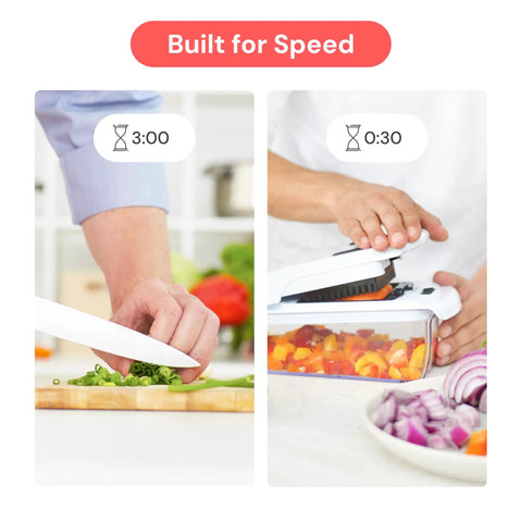 Comparison of chopping time with Must Have All In One Veggie Chopper With Spiralizer And Bowl Time Saving Food Chopper 4 In 1
