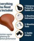 Wide Cruiser Bicycle Saddle With Memory Foam Cushion, Steel Spring And Elastomer Suspension, Heavy Duty Brown Seat with accessories