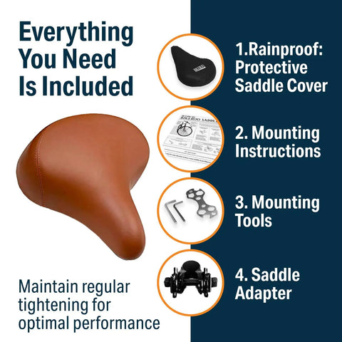 Wide Cruiser Bicycle Saddle With Memory Foam Cushion, Steel Spring And Elastomer Suspension, Heavy Duty Brown Seat with accessories