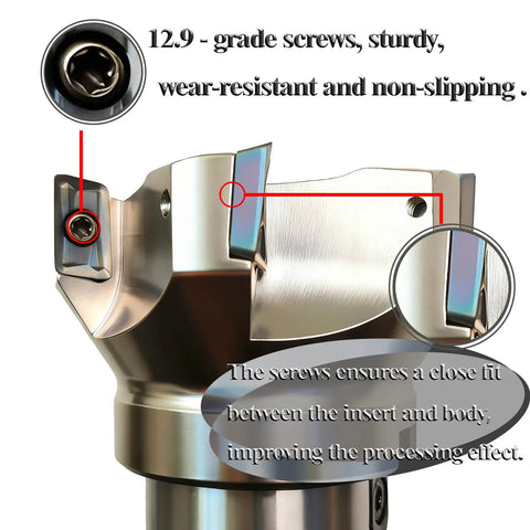 Side view of R8 Shank Two Point Five Inch End Mill With Replaceable Carbide Inserts For Steel Cutting showing 12.9-grade screws.