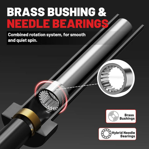 Close-up of brass bushing and needle bearings on a 70Lb Bumper Plate Set With Six Point Two Foot Rackable Curl Bar
