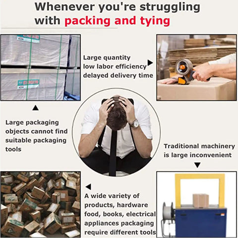 Image depicting struggles with packing and tying, highlighting issues faced with traditional methods and tools.