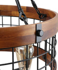 Detail of Farmhouse Chandelier For Dining Room And Kitchen Island, 5 Light Rustic Round Wood And Metal Lighting Fixture, Dope Industrial Entryway Pendant Lamp With Black Iron Accents And Natural Wood Texture showing black iron accents and wood texture.