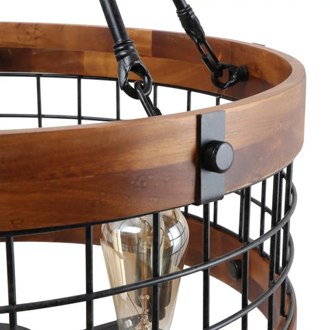 Detail of Farmhouse Chandelier For Dining Room And Kitchen Island, 5 Light Rustic Round Wood And Metal Lighting Fixture, Dope Industrial Entryway Pendant Lamp With Black Iron Accents And Natural Wood Texture showing black iron accents and wood texture.