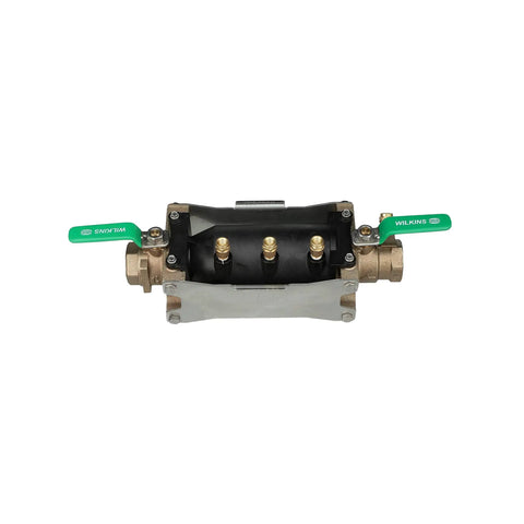 Heavy Duty 1-1/2 Inch 350XL Double Check Backflow Preventer With Plug And Play Top Mounted Test Cocks Ezswap Vessel And No Fuss Flush Setup For Built Rugged Job Sites, bronze body, top view.