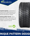 Two Pack 13x5.00-6 Turf Tires For Lawn And Garden Mower With 4PR Load Range Deep Traction Tread Not For Highway Use Tough For Yards And Gardens And Light Farm Tasks Set Of 2, showing unique pattern design and lawn compatibility.