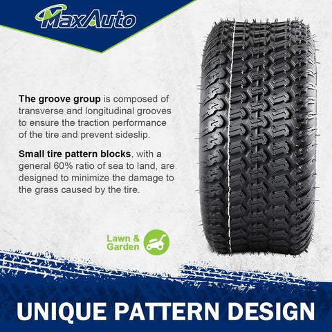 Two Pack 13x5.00-6 Turf Tires For Lawn And Garden Mower With 4PR Load Range Deep Traction Tread Not For Highway Use Tough For Yards And Gardens And Light Farm Tasks Set Of 2, showing unique pattern design and lawn compatibility.
