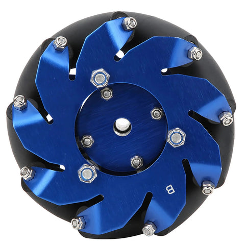 Front view of blue aluminum 4in left mecanum wheel with TPU rubber rollers and metal hub