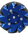 4 inch mecanum wheel for robots with aluminum core and TPU rollers, designed for heavy-duty industrial robotic systems, blue and black color.