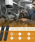Worker using 2130 pipe fitting wedges in industrial setting with visible pipe and gauge measurements for alignment.