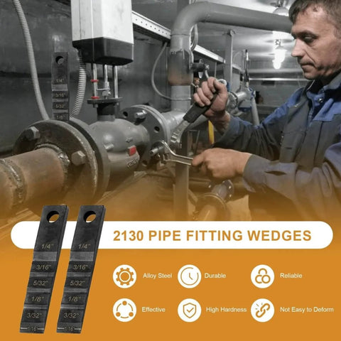 Worker using 2130 pipe fitting wedges in industrial setting with visible pipe and gauge measurements for alignment.