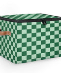 Keeping Your Setup Clean With This Dope Green Checkered Fabric Storage Bin Featuring A Zipper Lid Stackable Foldable Closet Nursery Organizers Large Capacity Toy Trunk Box Bedroom Bathroom Vibe, shown with zippered lid and side handle.
