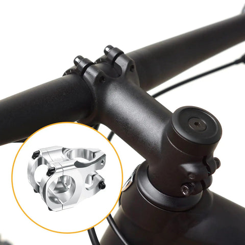Beefy Aluminum 31.8mm Mountain Bike Stem With 35mm Length For Mountain Road And BMX Bikes, silver finish close-up on bike