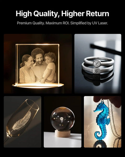 Glass and metal items engraved with Pro Grade Ultra UV Glass Engraver With 5W Laser, 3D Inner Engraving, Dual 48MP Cameras.