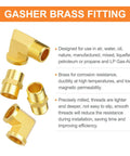 Front view of GASHER brass 1/4 in NPT fittings set, 8 pcs including hex nipples, hex couplings and 90-degree elbow.