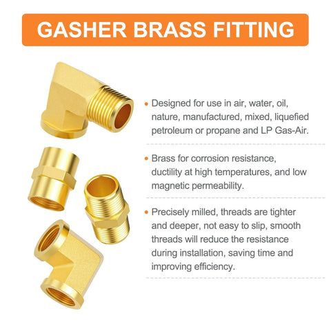 Front view of GASHER brass 1/4 in NPT fittings set, 8 pcs including hex nipples, hex couplings and 90-degree elbow.