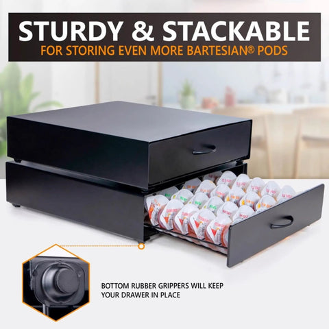 Bartesian Capsule Holder With Slide Out Drawer Matte Black 40 Pod Storage Organizer showing open drawer with pods