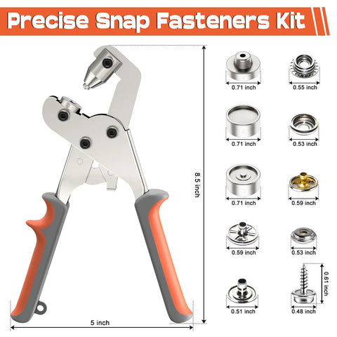 Heavy Duty Snap Fastener Tool Kit With 140 Pcs Snap Buttons And Pliers For Leather Canvas Boat Covers Marine Tarp And Fabric Repair Pro Grade Built For DIY On The Go shown with measurements and components