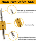 Dual tire valve tool with aluminum alloy construction, part of All In One Tire Valve Repair Kit With 2 Stem Removal Tools, 33 Piece Set