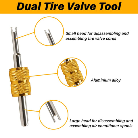 Dual tire valve tool with aluminum alloy construction, part of All In One Tire Valve Repair Kit With 2 Stem Removal Tools, 33 Piece Set